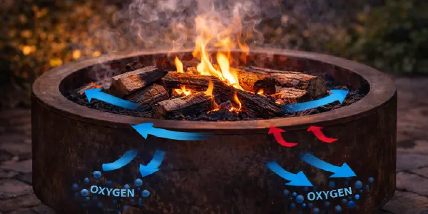 Fire pit airflow showing oxygen entering the fire