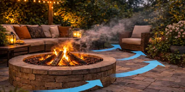 Patio seating layout showing fire pit airflow direction