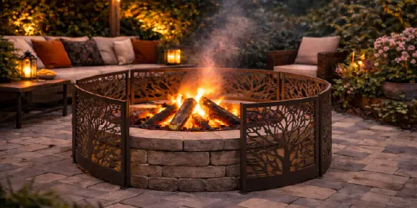 Garden fire pit with decorative wind barrier panels reducing smoke drift