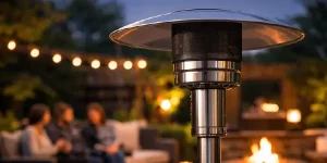 Outdoor patio heater that has shut off while people sit nearby on a patio in the evening