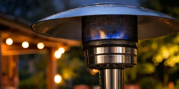 Patio heater with a weak flame under the reflector hood on an outdoor patio